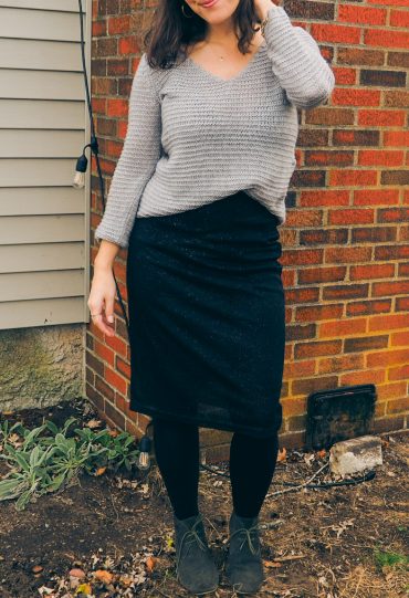 secondhand black sparkly skirt with grey sweater and green booties