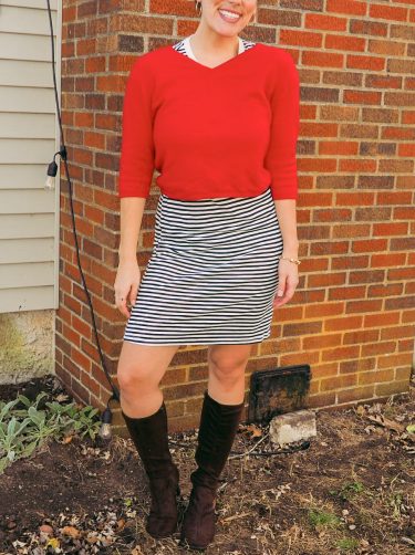 second hand cashmere sweater with striped dress and knee high boots