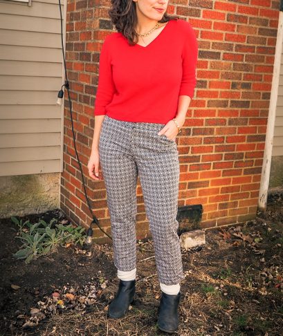 Secondhand Red cashmere sweater with patterned pants