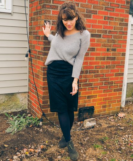 second hand sparkly black skirt with grey sweater
