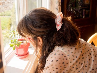 pink hair scrunchie made sustainably with fabric scraps