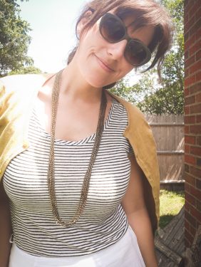 secondhand mustard yellow sweater and white striped tshirt
