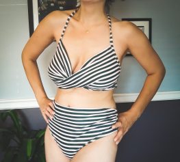 After altered striped RTW bathing suit (front view)